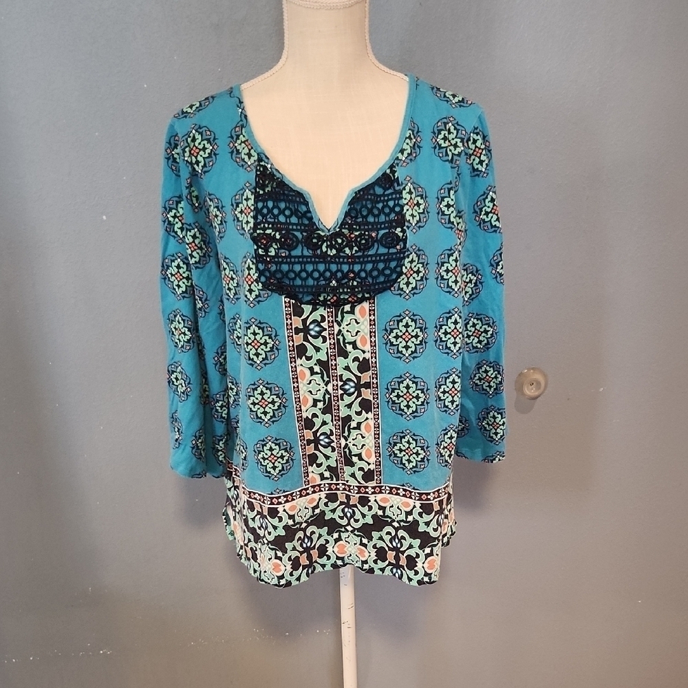 Carol Taylor Paisley Print 3/4 Sleeves Boxy Style Boho Aztec Lace V-neck Blouse
